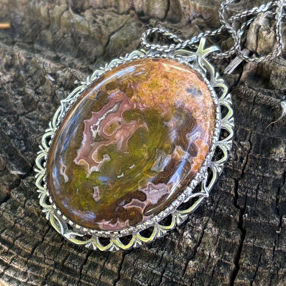 Vintage Silver Necklace Gemstone Pendant Brown